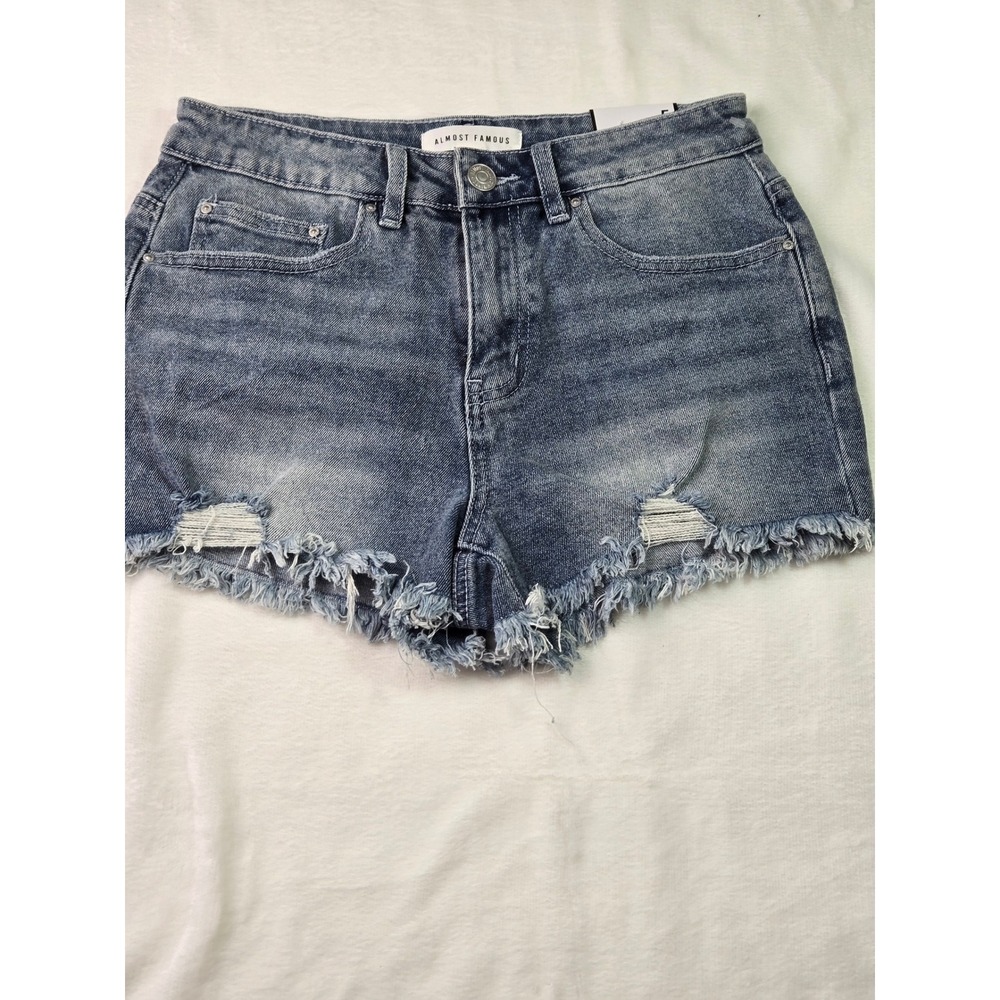 Almost Famous Womens High Rise Denim Shorts Blue Distressed Frayed Hem 5 NWT